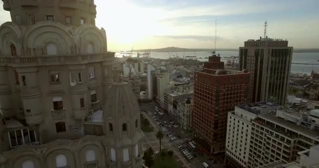 Aerial fly by Palacio Salvo building in Montevideo Uruguay