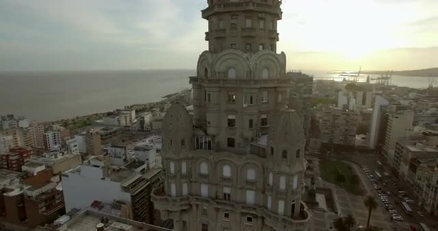 Aerial fly by Palacio Salvo building in Montevideo Uruguay