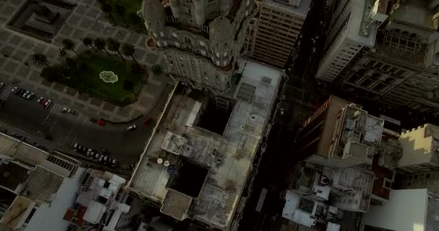 Aerial fly by Palacio Salvo building in Montevideo Uruguay