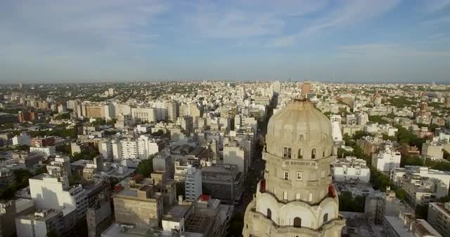 Aerial fly by Palacio Salvo building in Montevideo Uruguay