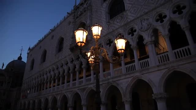 WS LA PAN Historic Buildings with Illuminated Street Lamps at Night / Venice, Italy