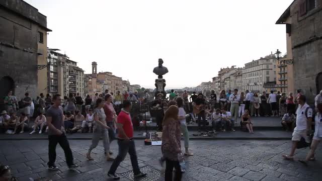 WS LD People Walking Along Ponte Vecchio Bridge / Florence, Italy