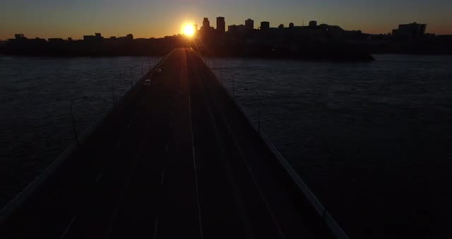 Aerial view of bridge to Montreal Casino at sunset