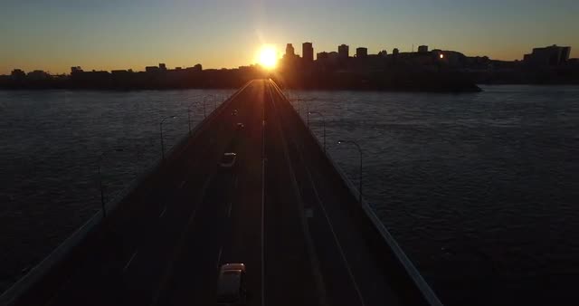Aerial view of bridge to Montreal Casino at sunset