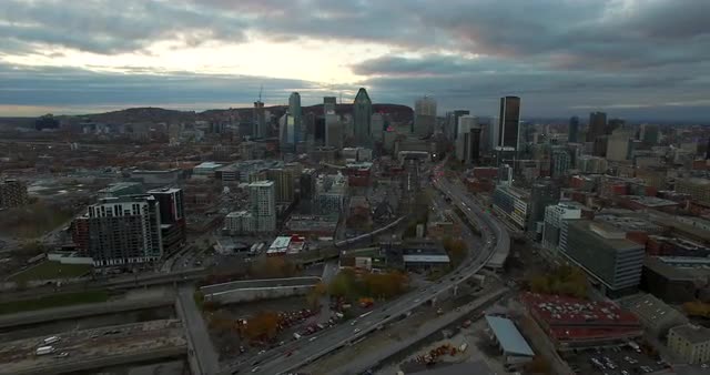 Aerial fly over of the Farine Five Roses building in Montreal, Canada