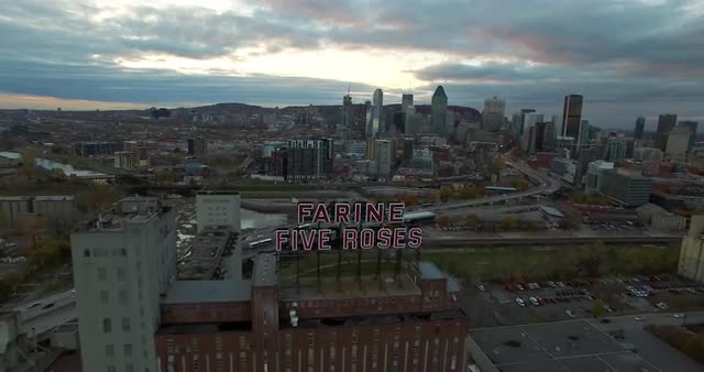 Aerial fly over of the Farine Five Roses building in Montreal, Canada