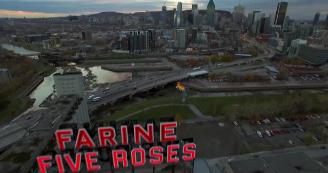 Aerial fly over of the Farine Five Roses building in Montreal, Canada