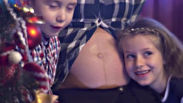 Kids Try to Feel Kick of Baby Leaned to Belly Pregnant Mom's Two Children Are Waiting For Baby B