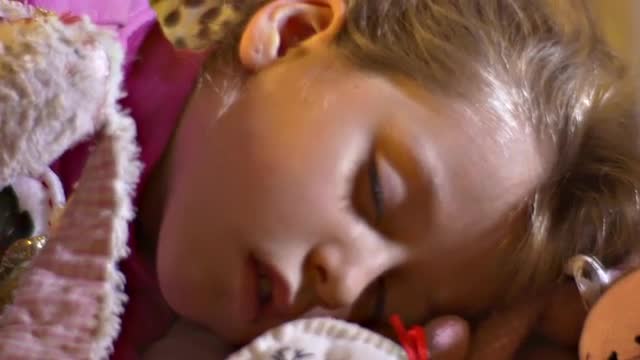 Daughter and Her Cute Sewed Toys Sleeping Child Hugs Her Beloved Soft Toys Rabbit Slim Tilda Tebby-B