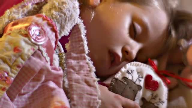 Little Kid and Her Cute Sewed Toys Sleeping Child Hugs Her Beloved Soft Toys Rabbit Dressed in Gown 
