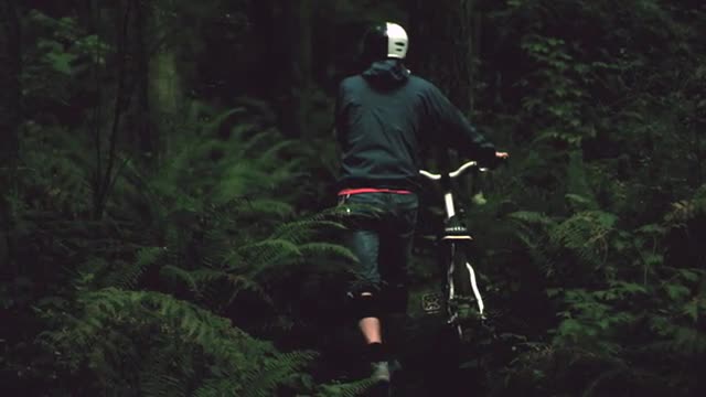 Mountain Biker Walking Through Ferns