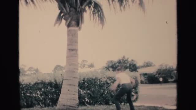 1959: teenage boy with a basket walks around a palm tree and finds an easter egg FLORIDA