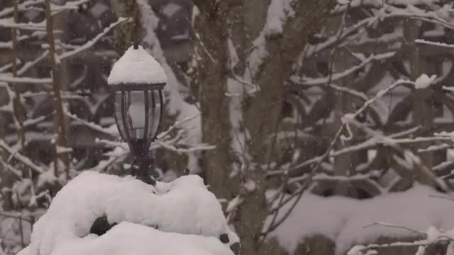 Heavy snow fall with a garden light in background