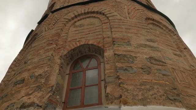 Panorama of Brown Brick Wall of Cathedral Architectural Heritage of Ukraine Orthodox Church Cloudy S