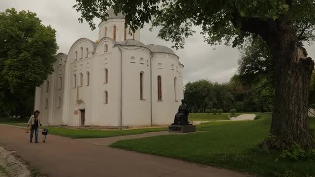 Theodosius Day Chernihiv Old Orthodox Cathedral Park Alley Mom and Little Son Walk by Footpath Nice 