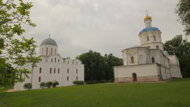 Panorama of Courtyard of Two Cathedrals Green Fresh Lawns Park is Around Architectural Heritage of U