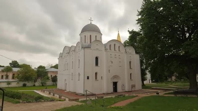 Camera Approaches to Boris and Gleb Cathedral White Walls Ancient Church Architectural Heritage of U