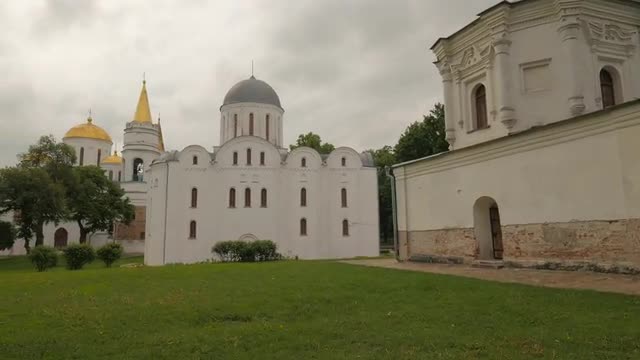 Three Old Churches Museums Architectural Heritage of Ukraine Panorama of Garden on the Cathedrals in