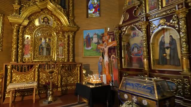 Interior of Boris and Gleb Cathedral Theodosius Day Chernihiv Candles in Front of Crucifixion Gilded