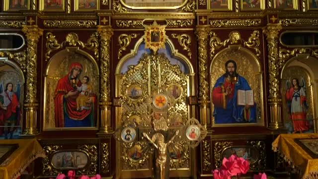Interior of Boris and Gleb Cathedral Theodosius Day Chernihiv Cross and Religious Image on an Altar 