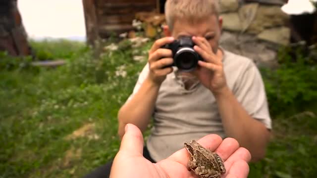Cheerful Person Takes a Close-Up Photo of a Frog on His Hand