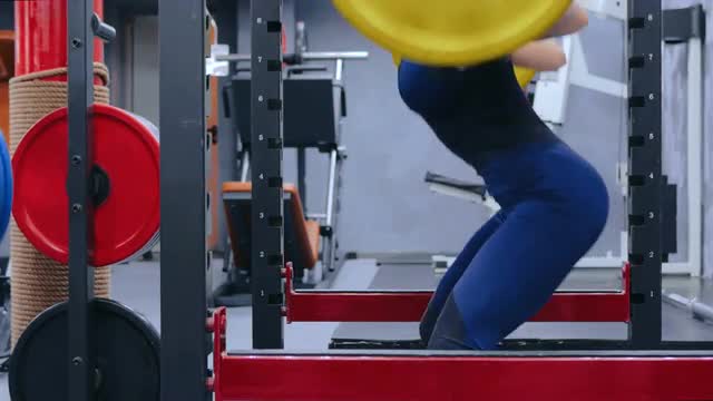 3 shots. Athletic young woman doing exercises with barbell at the gym