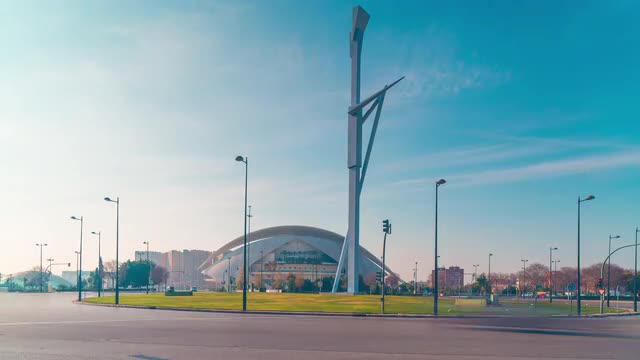 spain sun light valencia traffic circle opera view 4k time lapse