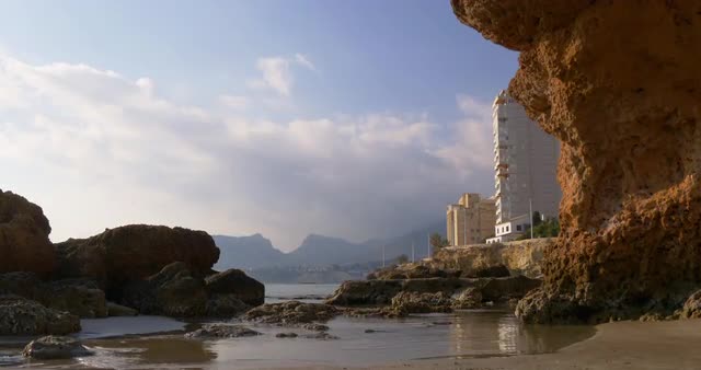 spain rock beach of famous cozy town calpe 4k