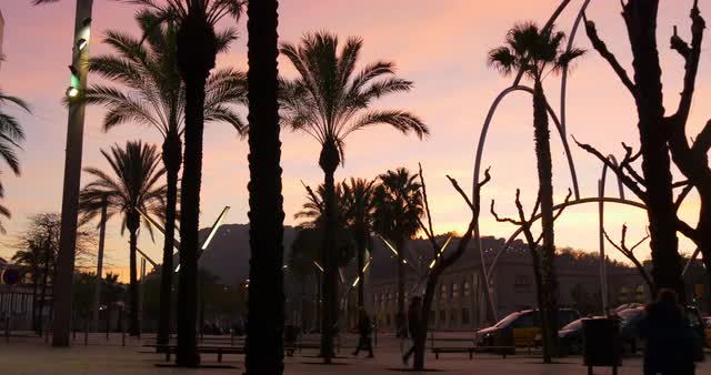 spain sunset barcelona metal monument traffic circle 4k europe