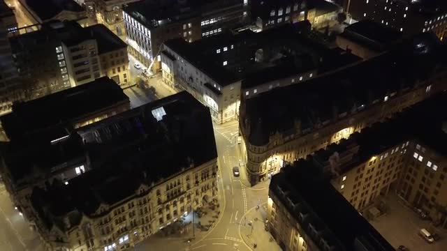 Drone footage of Manchester Streets at night from Albert Square