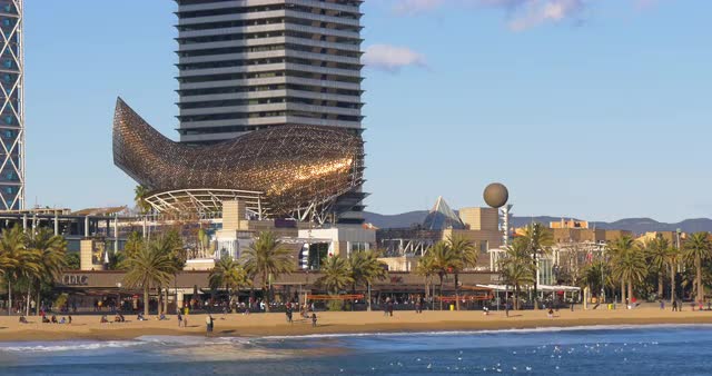spain barcelona city beach fish monument mediterranean sea view 4k