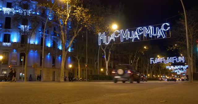 spain barcelona night light holiday decoration traffic street 4k