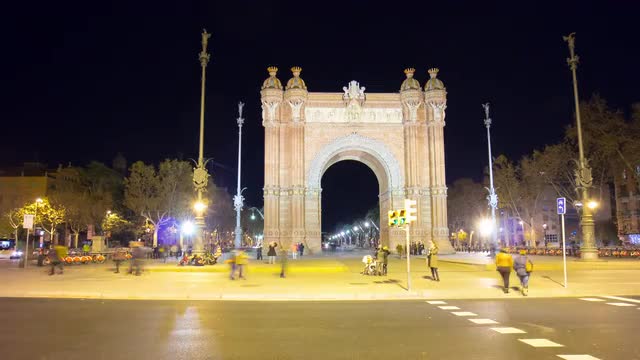 barcelona night light arc de triomf walking place 4k time lapse spain