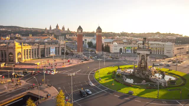sunset light placa de espana traffic circle 4k time lapse barcelona