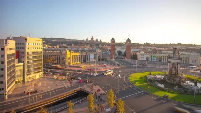 barcelona placa de espana roof top traffic circle view 4k time lapse