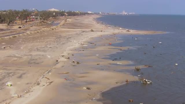 WS POV AERIAL ZI Beaches filled with debris due to natural disaster / United States