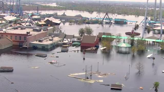 MS POV AERIAL Destruction of Six Flags New Orleans due to floods / United States