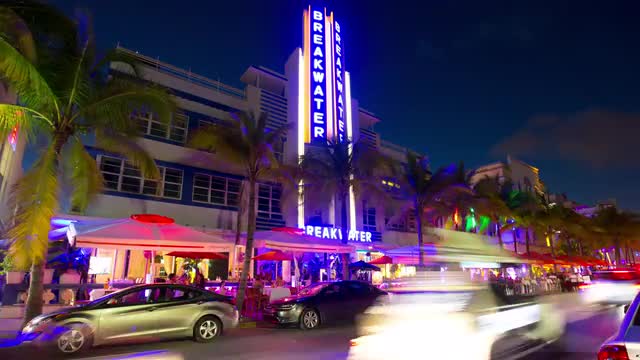 night light miami south beach ocean drive traffic street 4k time lapse usa