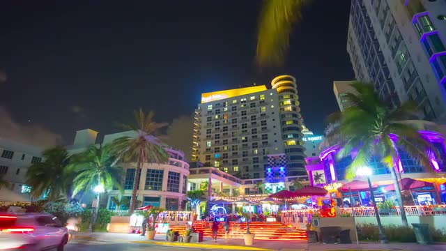 night light miami beach ocean drive hotel illumination 4k time lapse florida usa