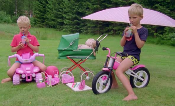 two boys with pink toys