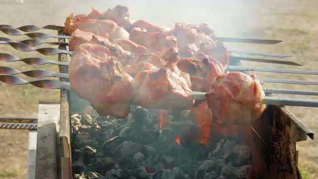 Barbecue meat cooking on the grill timelapse