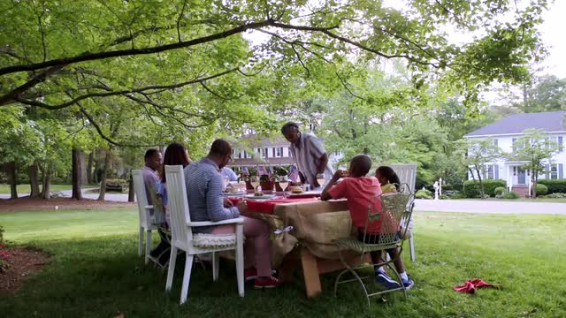 Extended family eating at picnic under tree