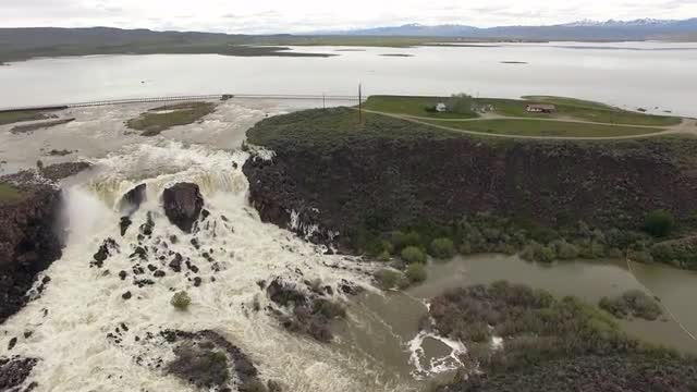 Aerial view of huge overflow waterfall at Magic Reservoir