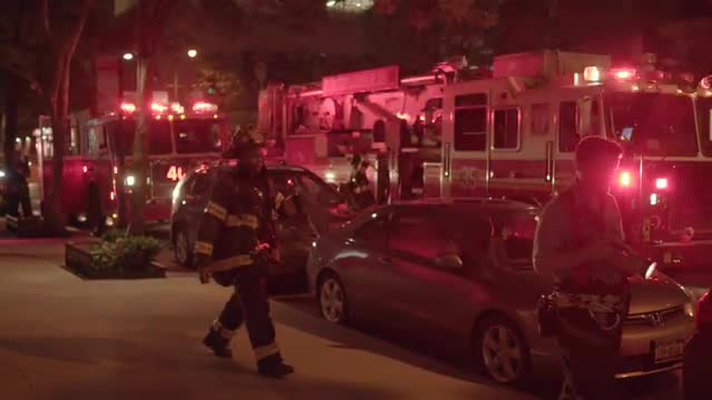Fire department trucks getting emergency call. fireman rescue scene at night