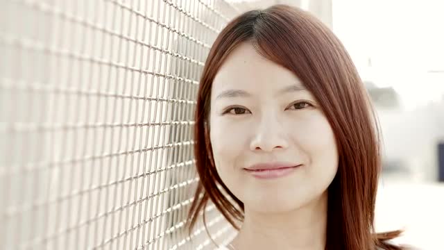 lifestyle portrait of young cute asian women looking at camera. city people view
