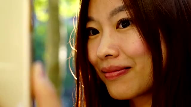 lifestyle portrait of young cute asian women looking at camera. city people view