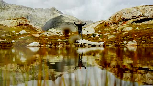 trekking adventure background. raising hands. hiker hiking. recreational leisure