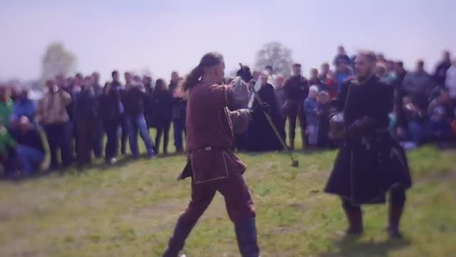 Show at Knights Tournament in Opole Demonstrative Duel of Two Men Sparring Sword vs Spear Medieval W