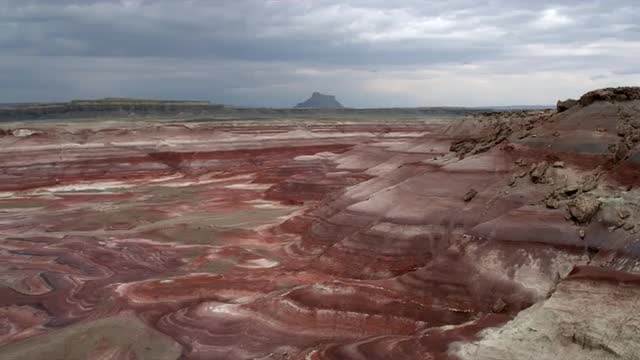 Aerial view of eroded red landscape in the Utah desert