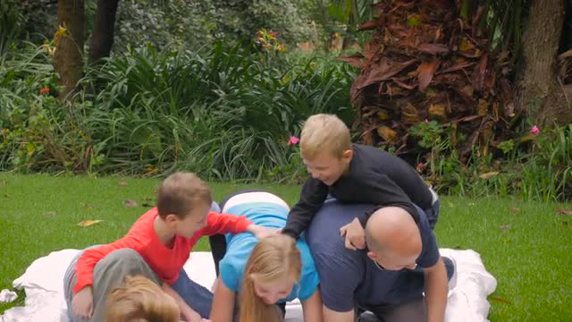 A family pyramid falls down while having fun together